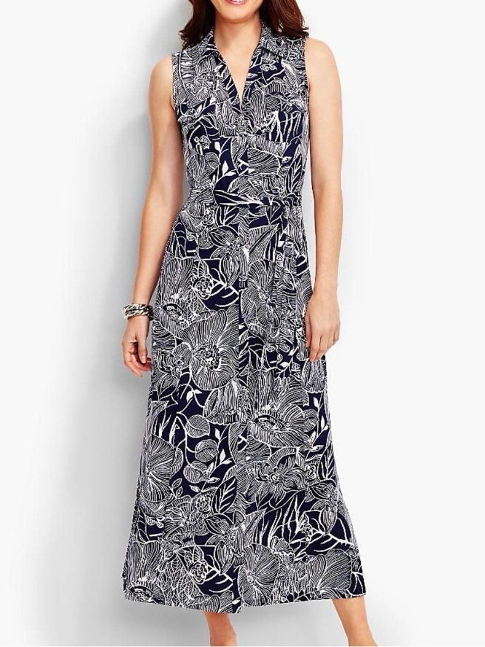 Talbots Hawaiian Floral Navy & White Maxi Dress Size XL.
